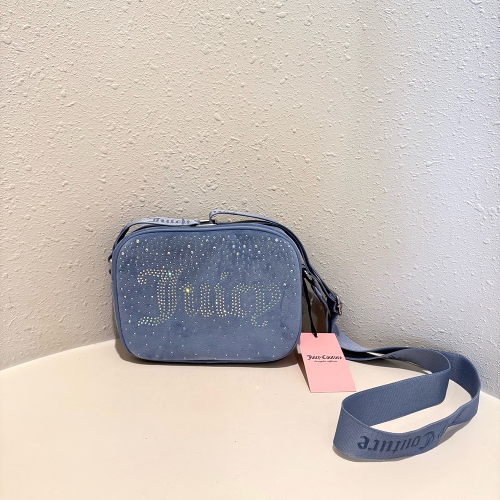 Juicy Couture Let It Shine Velvet Rhinestones Logo Blue Crossbody Bag OS NWT